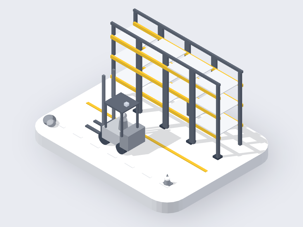 An empty three-level pallet rack drawn in greys with yellow beams, a forklift waiting in front, on a rounded base