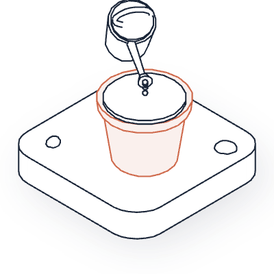 A line drawing of a terracotta pot full of soil and a watering can lifted over it, drops falling from its rose onto the soil, on a rounded tile
