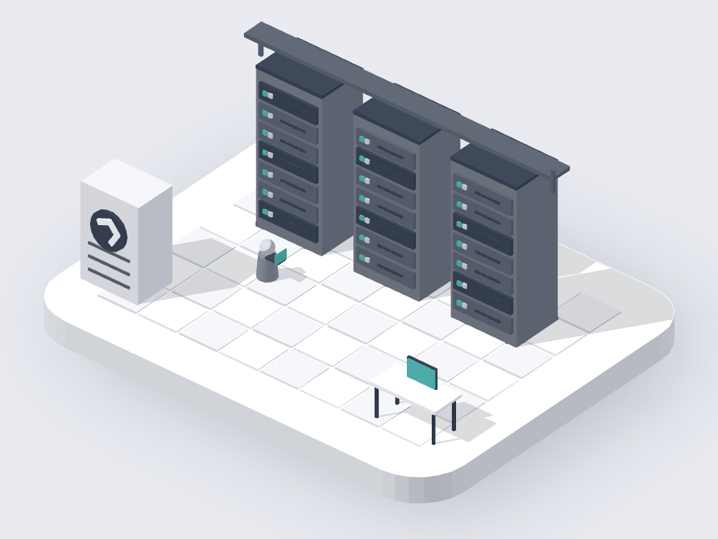 Three server racks in greys with blinking lights, a cooling unit, a technician and a terminal, on a white tiled floor