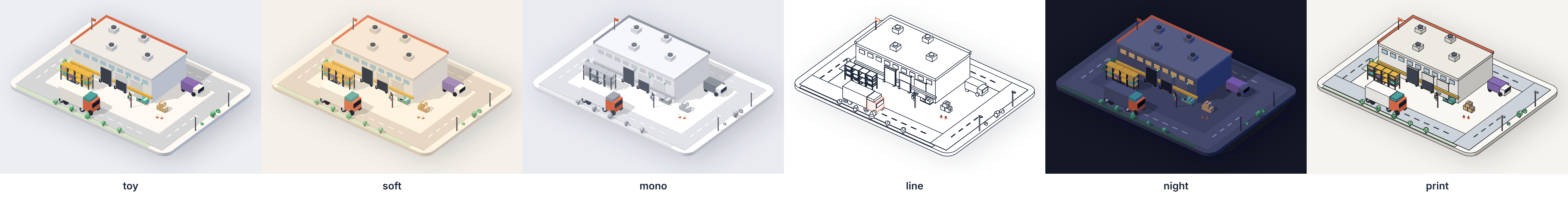 The same warehouse scene drawn five ways: toy in pastel, soft on cream, mono in greys with a cobalt roof, line as an ink drawing on white, and night in dusk blues with lamps glowing.