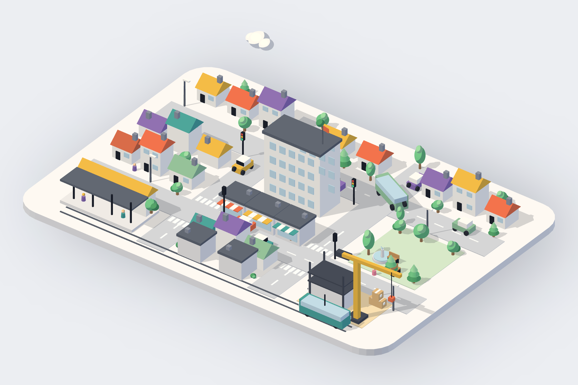 An isometric 3D town on a rounded plate: six blocks of houses with coloured gabled roofs, shops with striped awnings, an office tower with a flag, a park with a pond and a fountain, a station with a tram, a building site with a crane, cars and a bus on the streets.