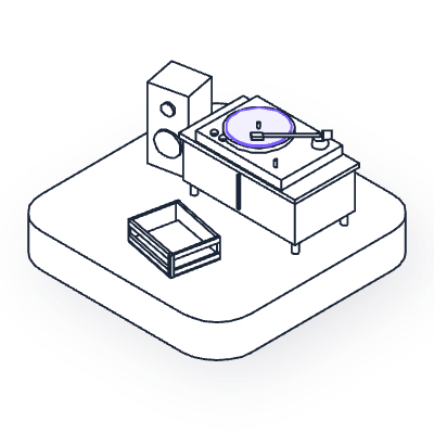 A line drawing of a record player on a low cabinet with a speaker and an empty crate, the platter mat in purple, on a rounded tile