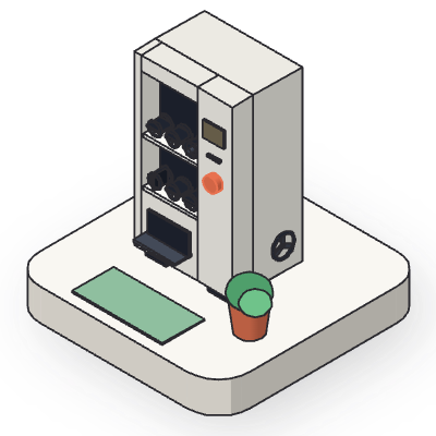 A print-style drawing of a vending machine with bare coils behind its open front, an orange button, an empty tray, a fan on its side and a plant beside it