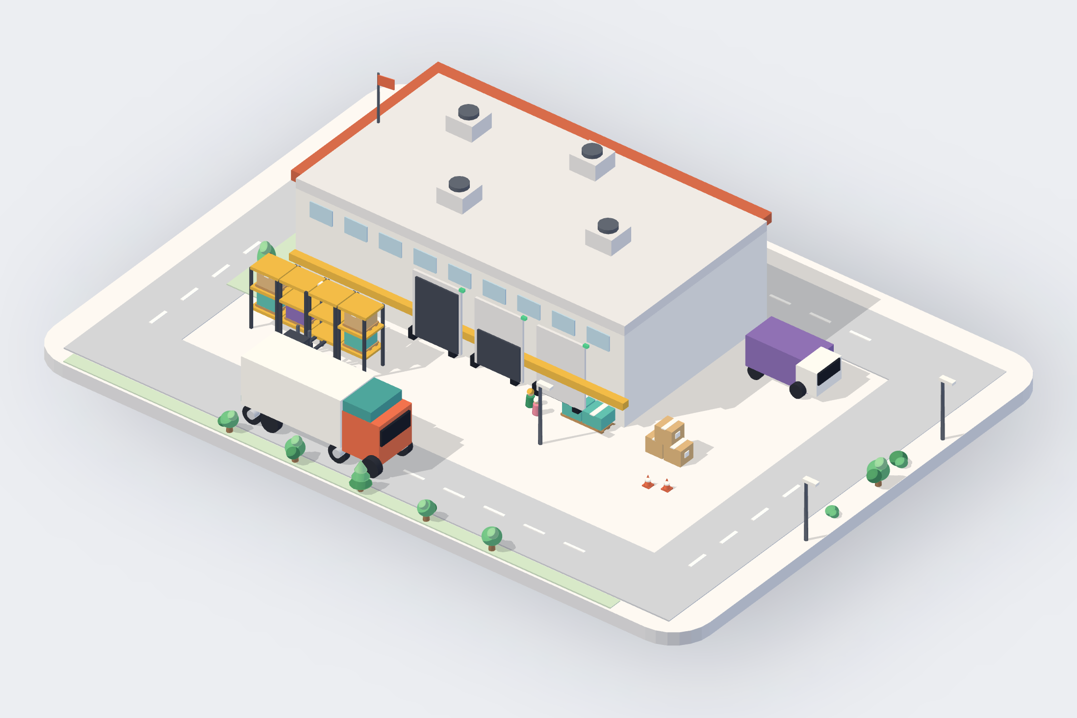 An isometric warehouse yard: a white building with a terracotta roof and three dock doors, a truck at the dock, a forklift by yellow racks, trees along a road, a parked van