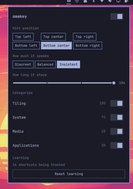 The omakey preferences panel on the bar