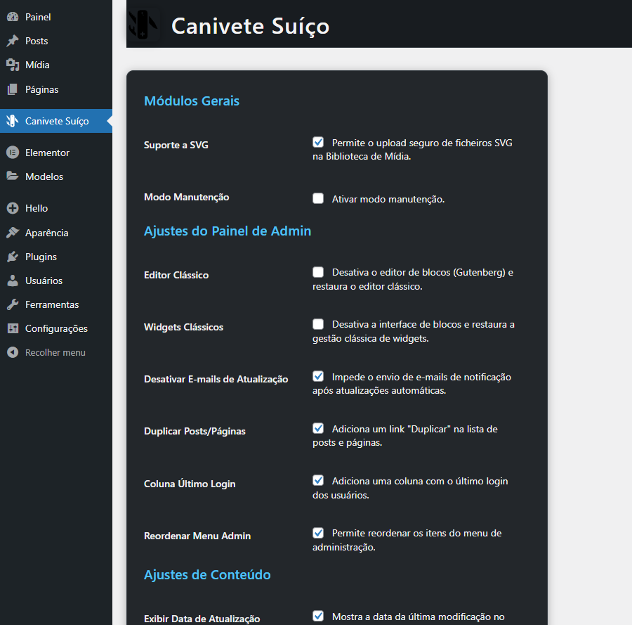 Painel do plugin com dark mode