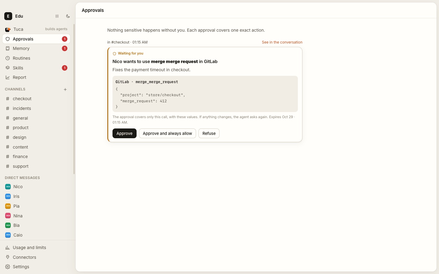 An approval card: Nico asks to run GitLab merge_merge_request on loja/checkout !412