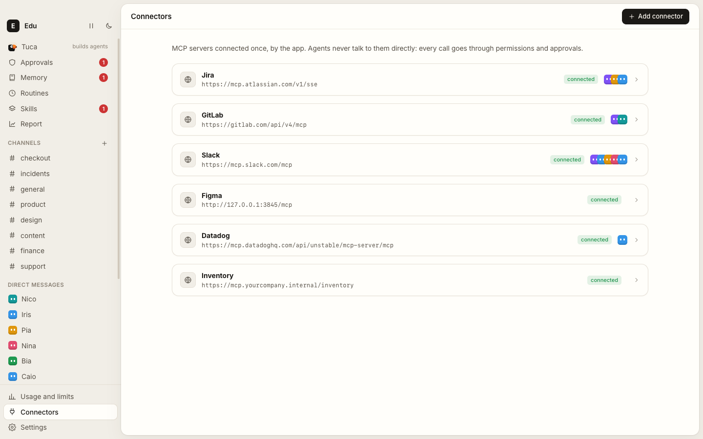 The Connectors page with Datadog, GitLab, Jira, Slack and an internal inventory server