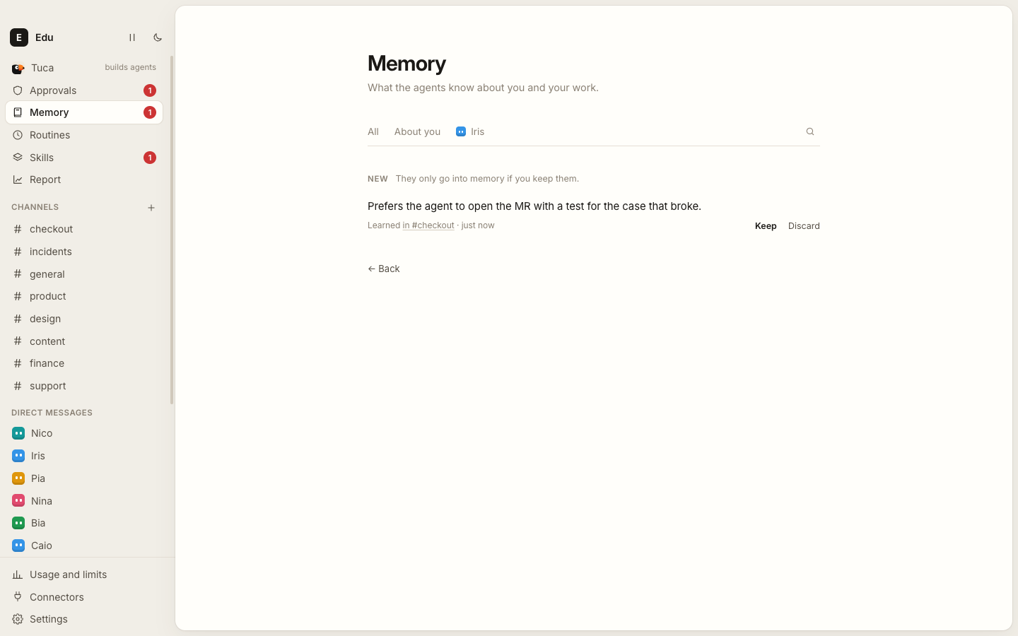 The Memory page, with a memory to review: prefers that the agent opens the merge request with a test for the case that broke