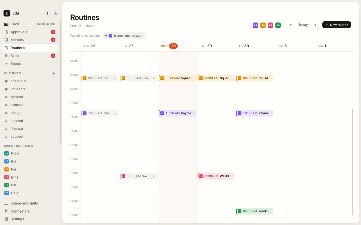 The Routines page: a week calendar with the squad summary, Pix in production, the weekly post and the Friday closing