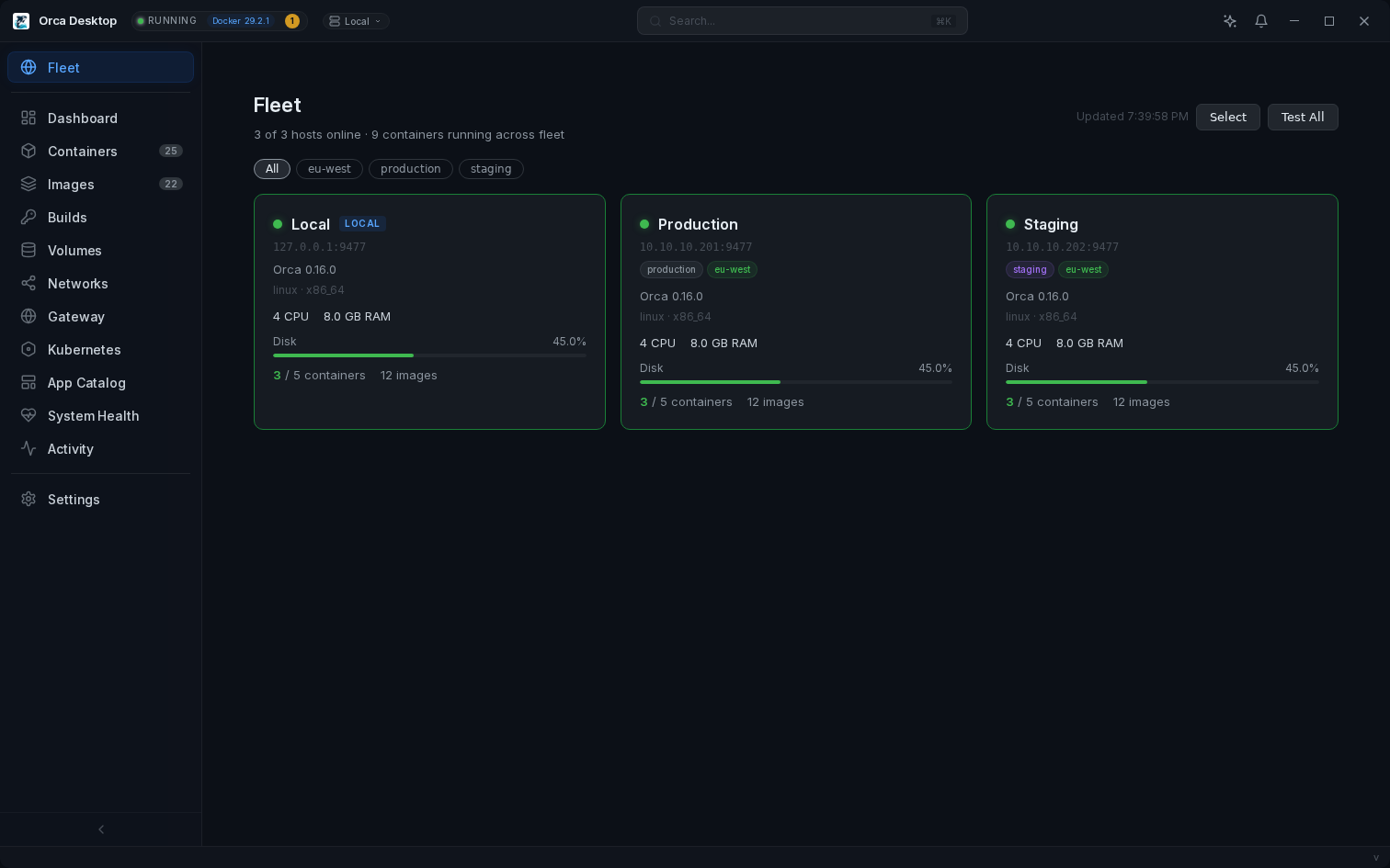 Fleet dashboard with host cards, tags, and status