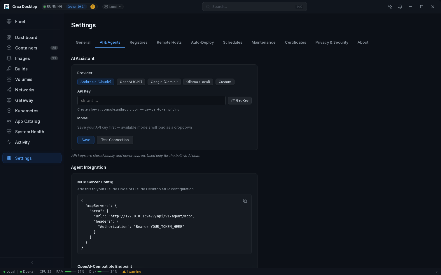 AI & Agents settings with MCP configuration