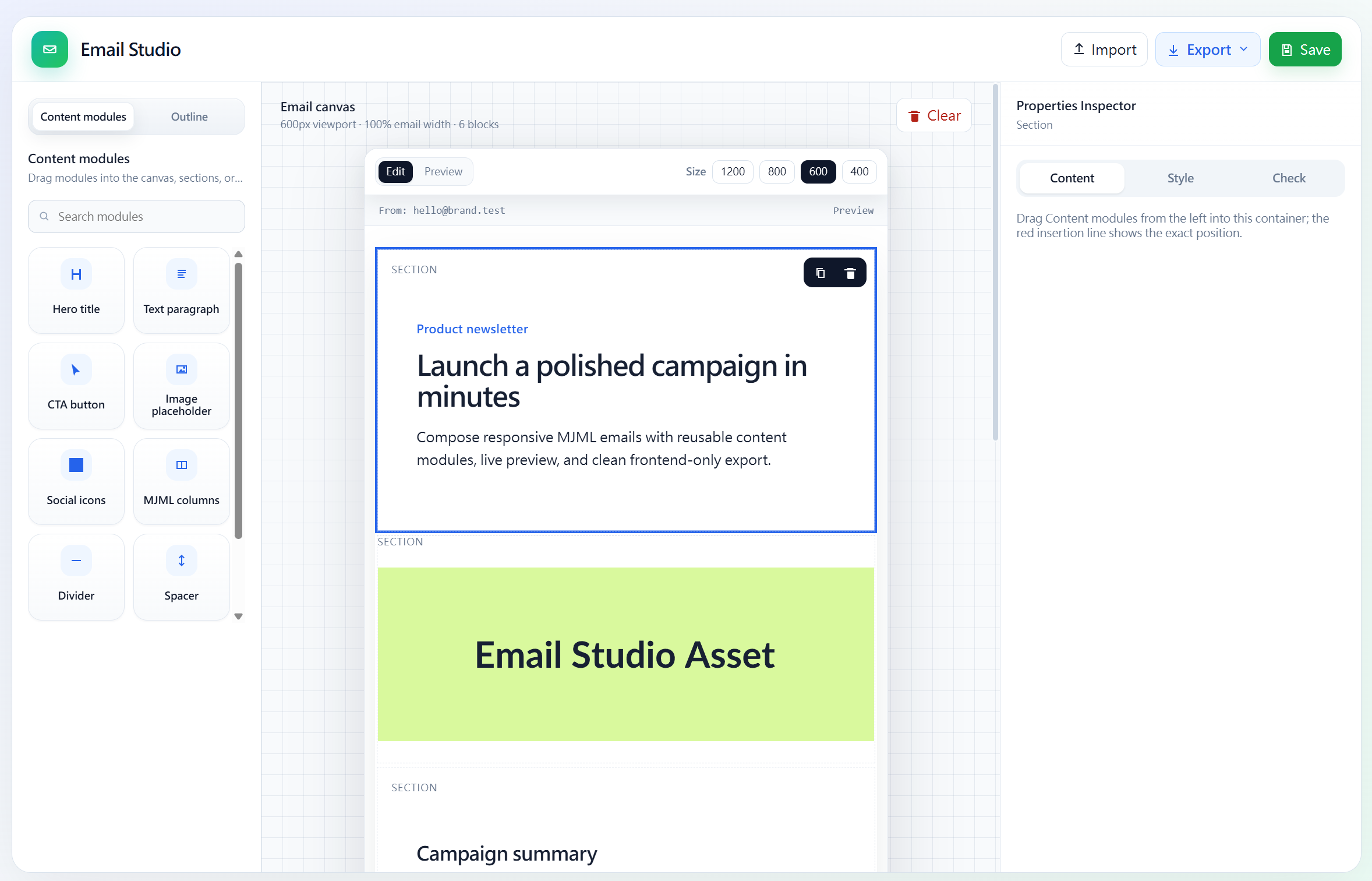Email Studio visual builder with content modules, email canvas, responsive preview controls, and properties inspector