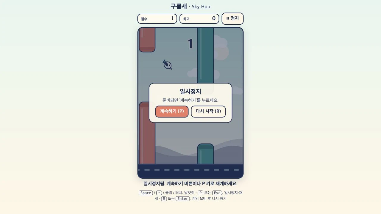 수정 전. 첫 문을 통과하고 일시정지했는데, 점수는 1이고 최고 기록은 0이다.