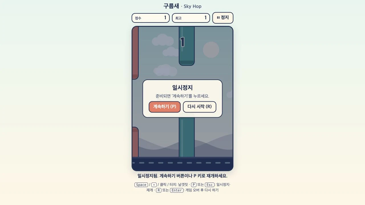 수정 후. 기록이 없는 환경에서 첫 문을 통과하자, 게임이 끝나기 전에도 점수와 최고 기록이 함께 1이 됐다.