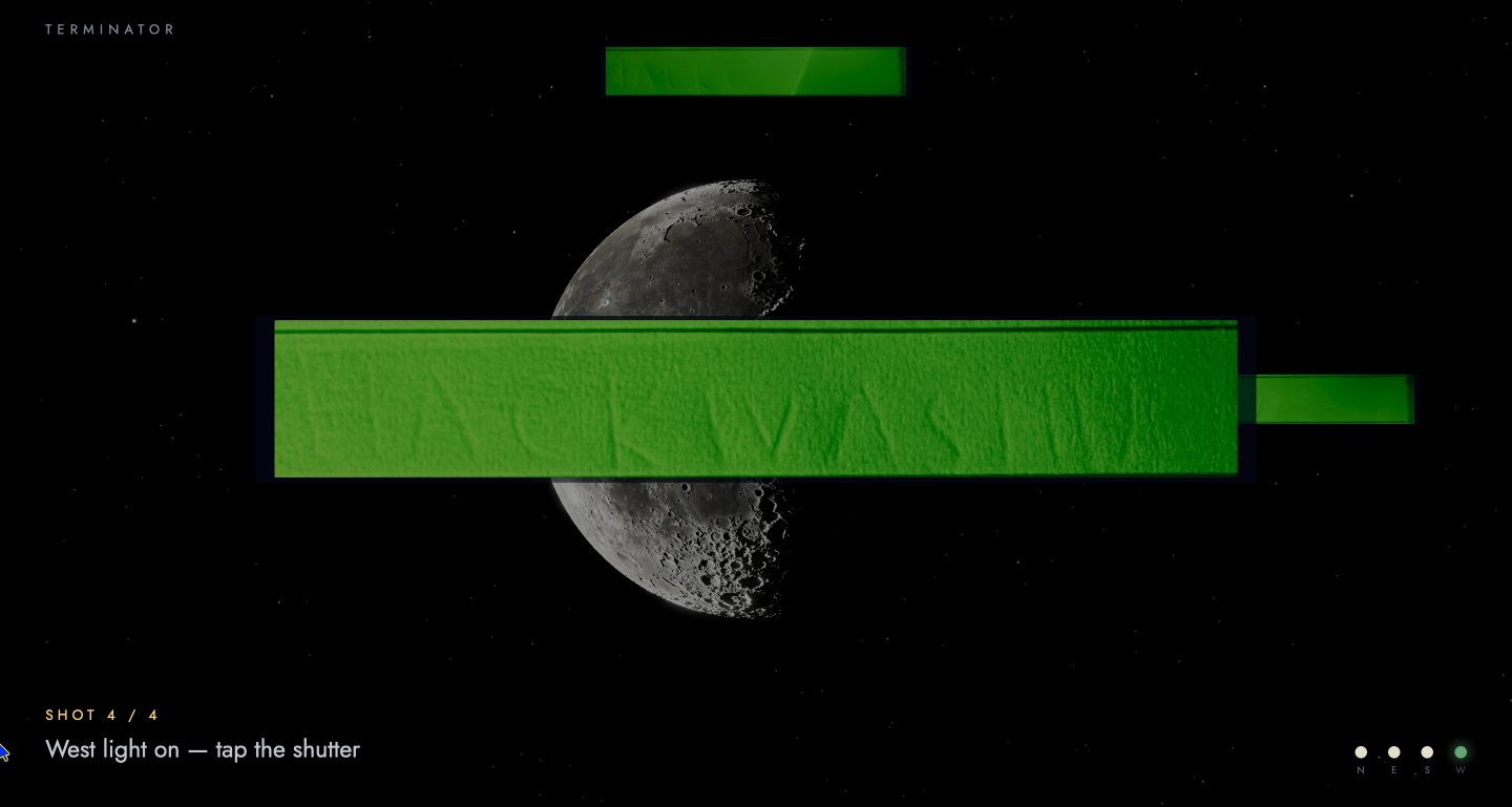 Capture: each photo lands next to a Moon lit from the same side