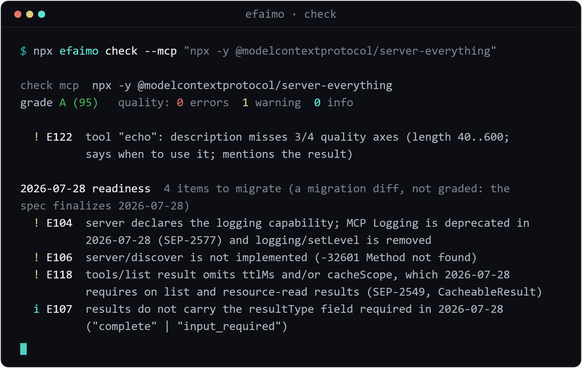 efaimo check example output: quality grade A (95) plus a four-item 2026-07-28 migration diff for the reference server