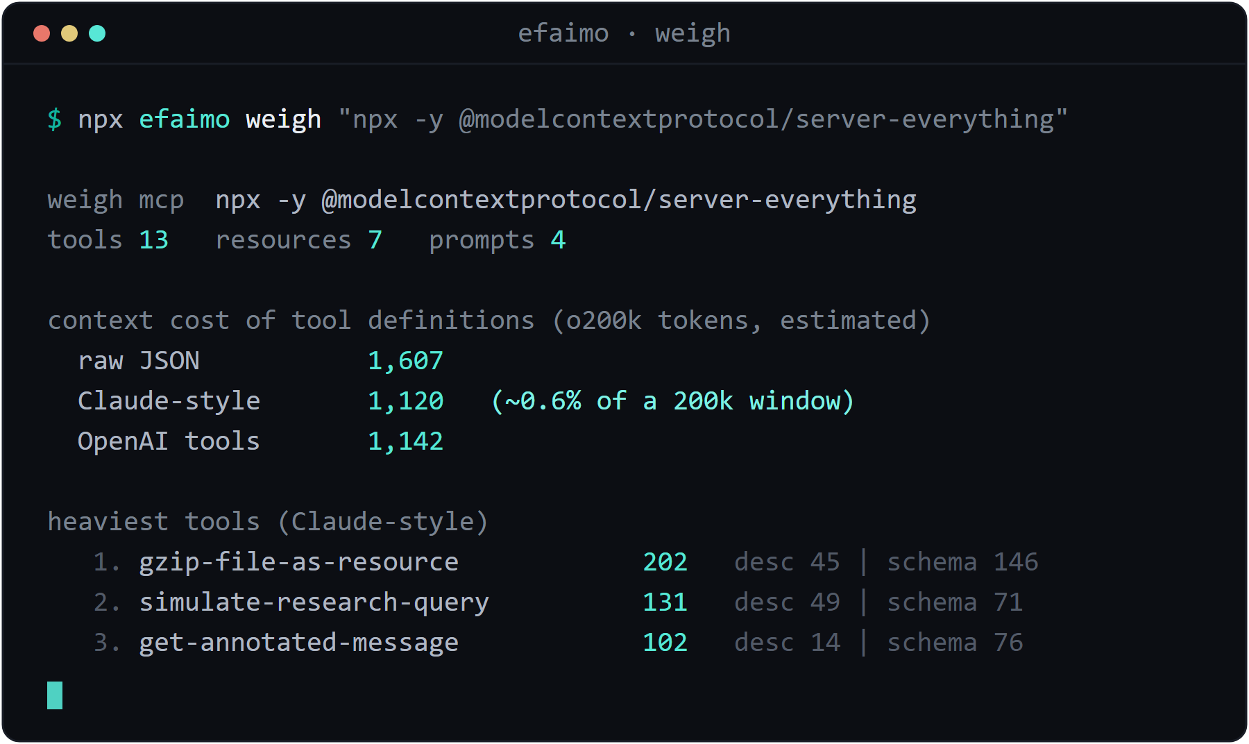 efaimo weigh example output
