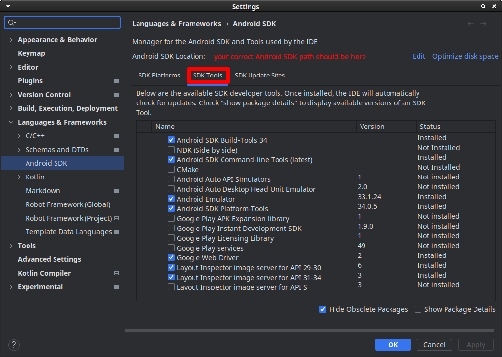 SDK Manager in Android Studio Settings