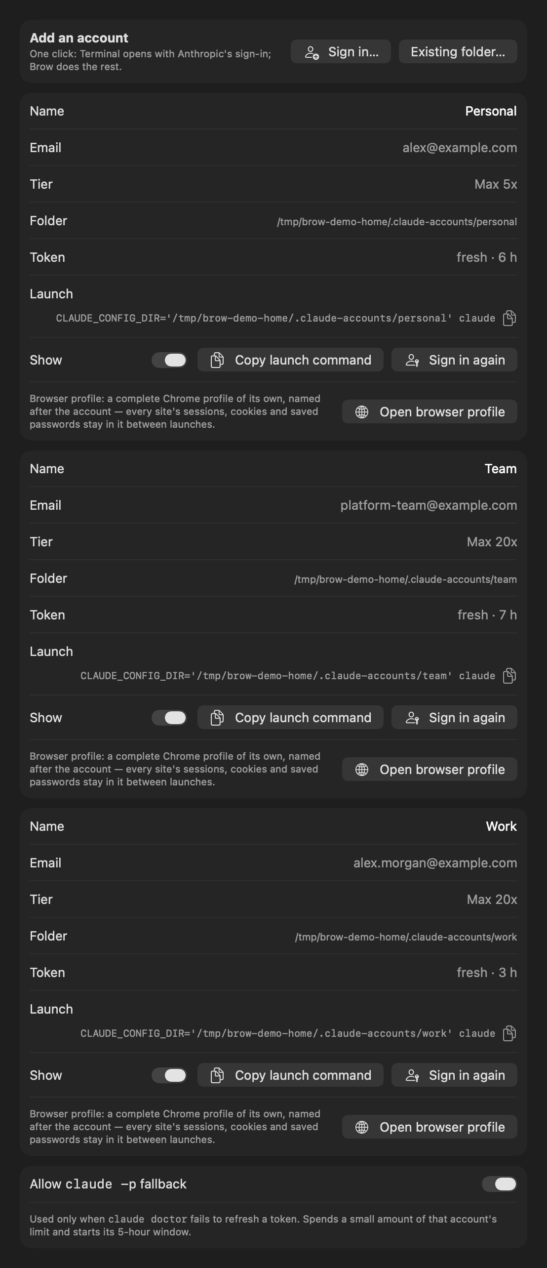 Brow settings: accounts