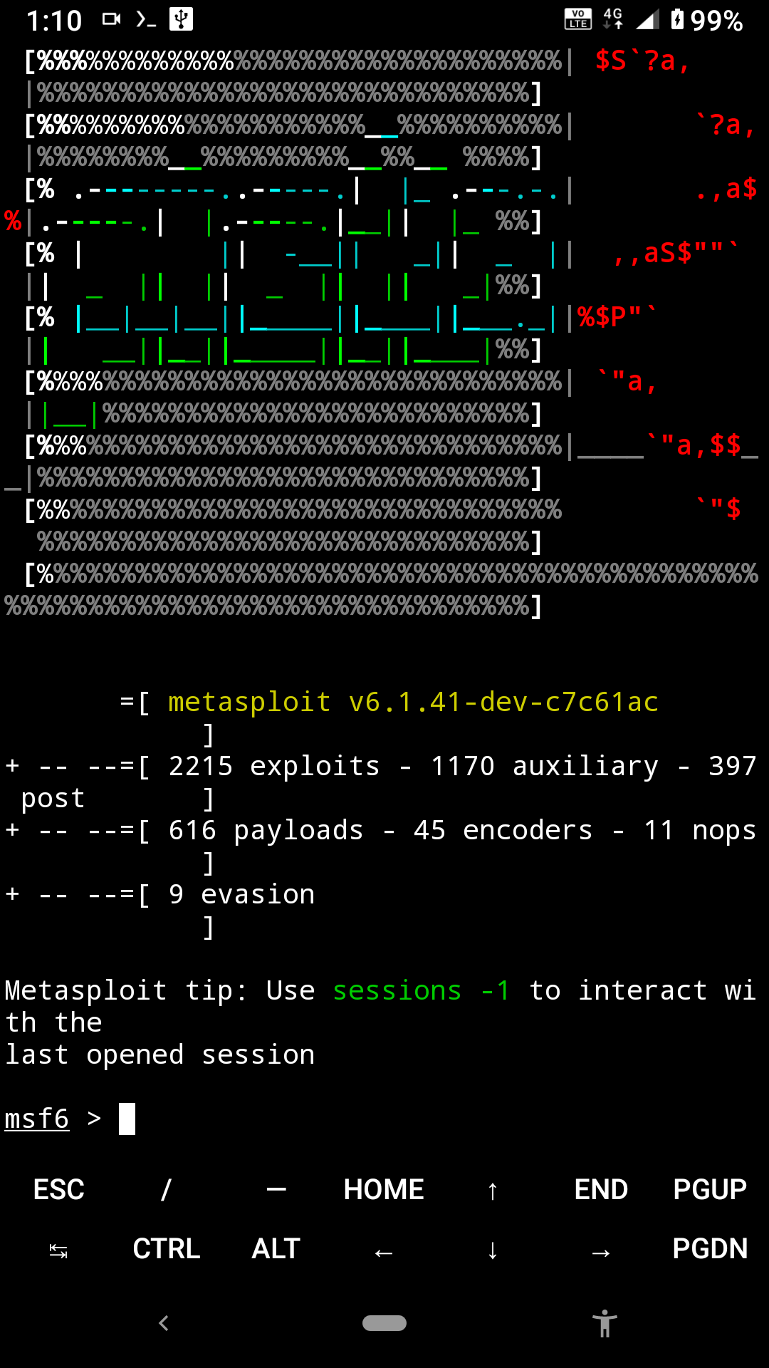 Metasploit in termux- Metasploit benner v6.1.41-dev