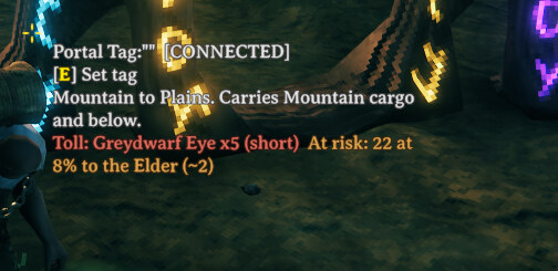 Portal hover text reading: Mountain to Plains. Carries Mountain cargo and below. Toll: Greydwarf Eye x5. At risk: 22 at 8% to the Elder
