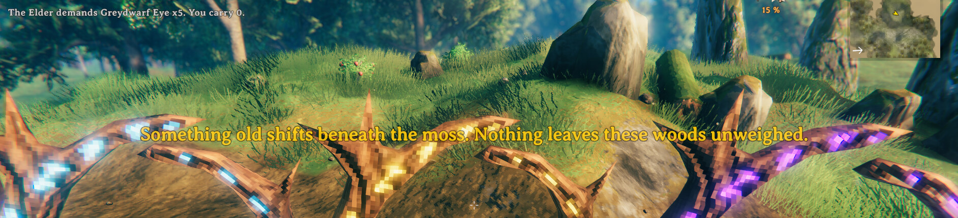 A refused crossing: the Elder demands Greydwarf Eye x5, and a spirit line reads "Something old shifts beneath the moss. Nothing leaves these woods unweighed."
