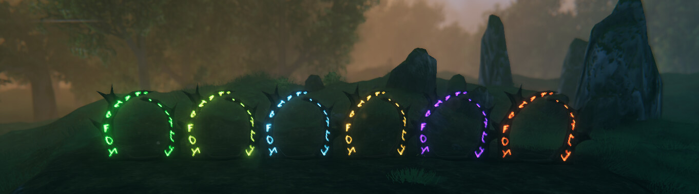 Six Tollbound portals in a row, each glowing in its own biome's colour