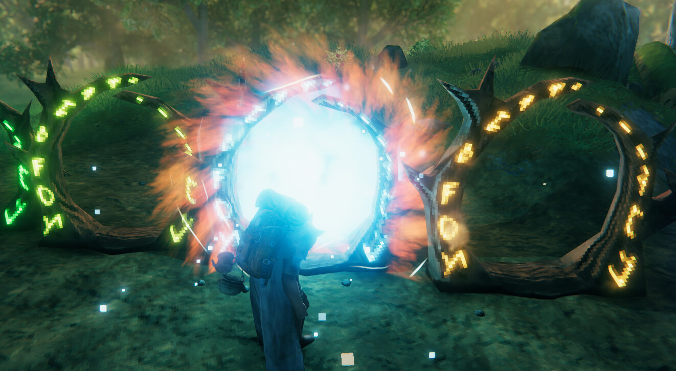 A Tollbound portal firing as a player carrying a backpack steps through