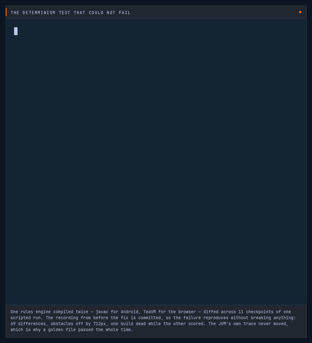 The cross-compiler check passing, then the same command against the recording of the build from before the fix: 69 differences, obstacles off by 712px