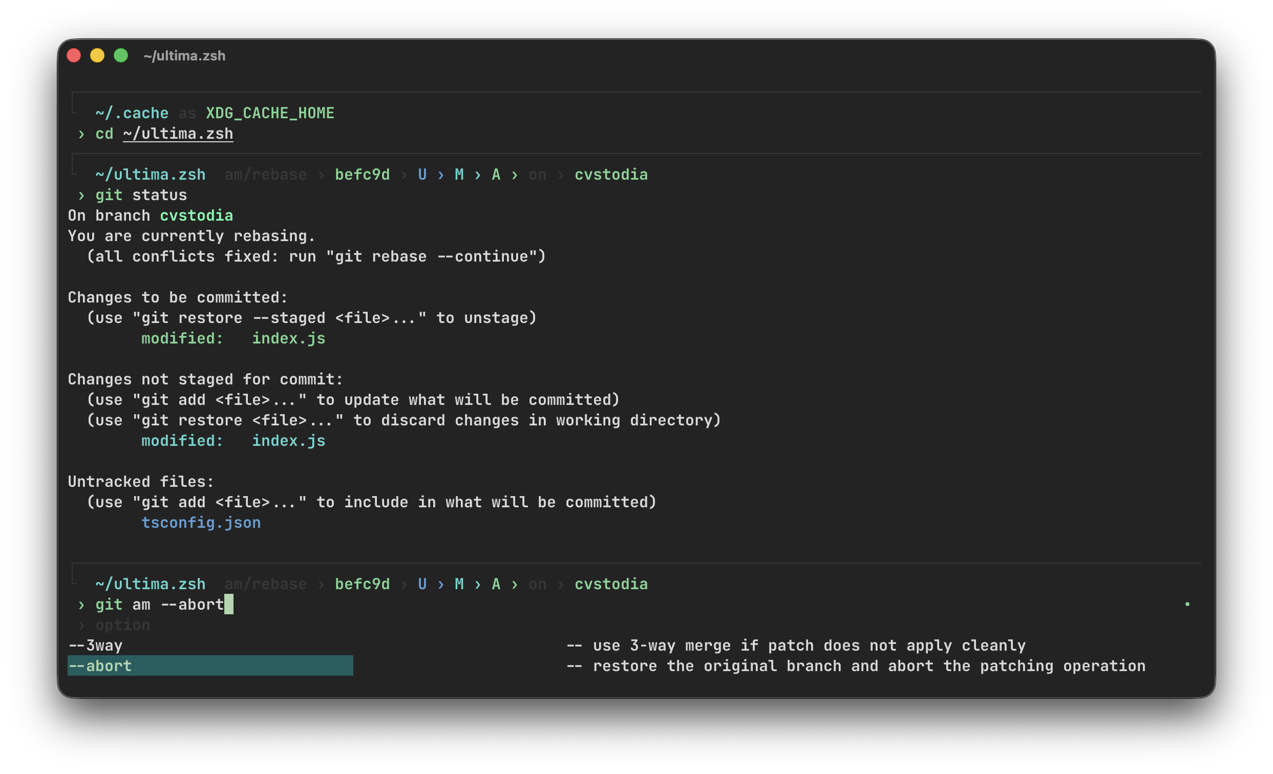 Demo of Ultima Zsh theme: minimalist prompt with Git status, running in Ghostty terminal with custom guezwhoz color scheme