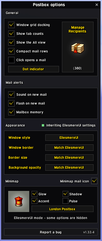 The options panel