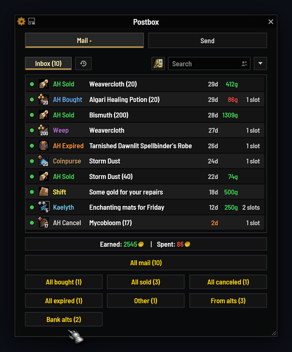 Ctrl-click two mails and take just those, then only the sold mail, then only your bank alts' mail