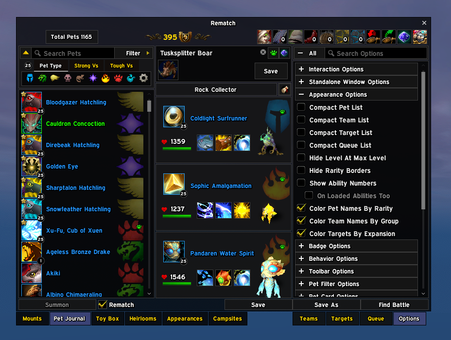 Options panel