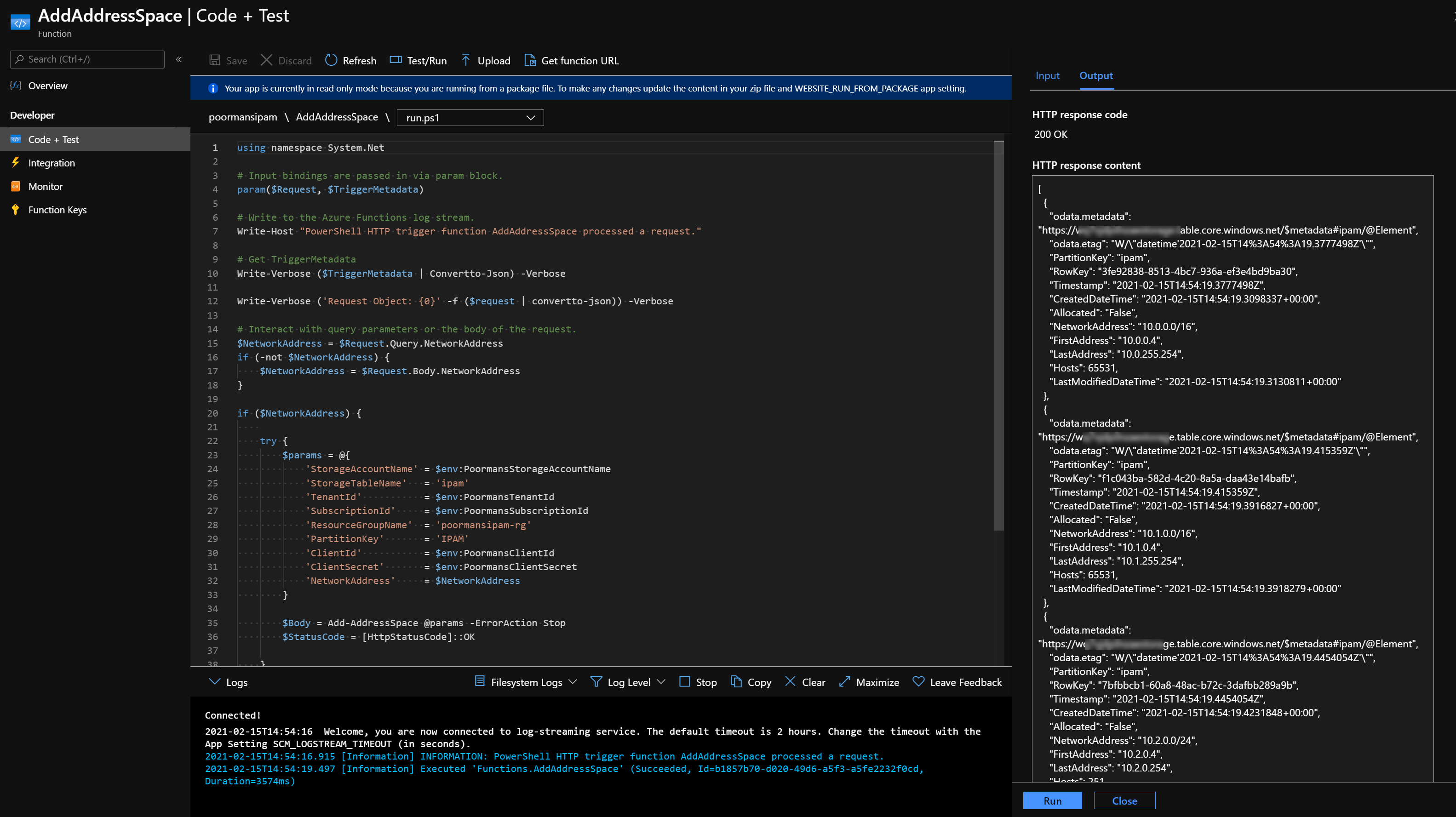 Testing AddAddressSpace Azure Function