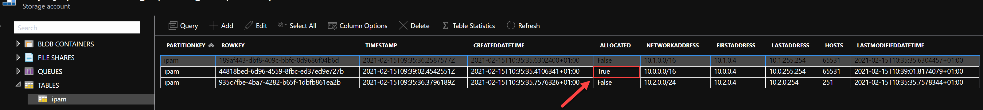 Storage Tabel result