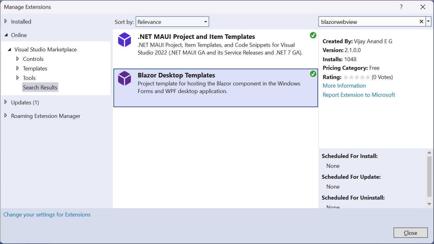 Visual Studio – Manage Extensions (Blazor Desktop Templates in focus)