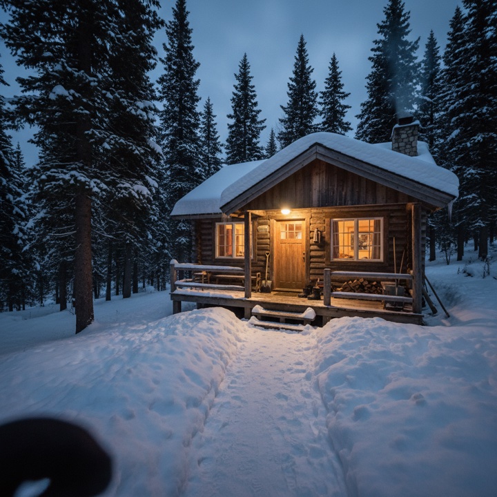 OpenMelon result for a snowy cabin