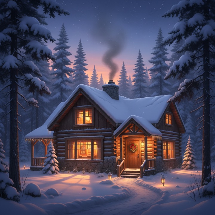 Direct prompt result for a snowy cabin