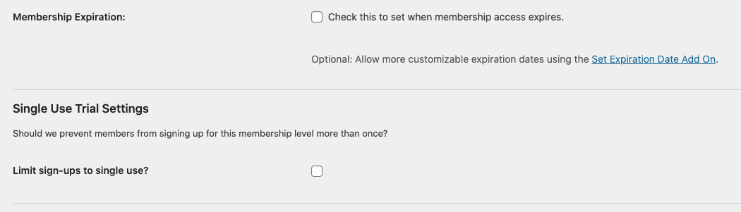 Membership Level Settings