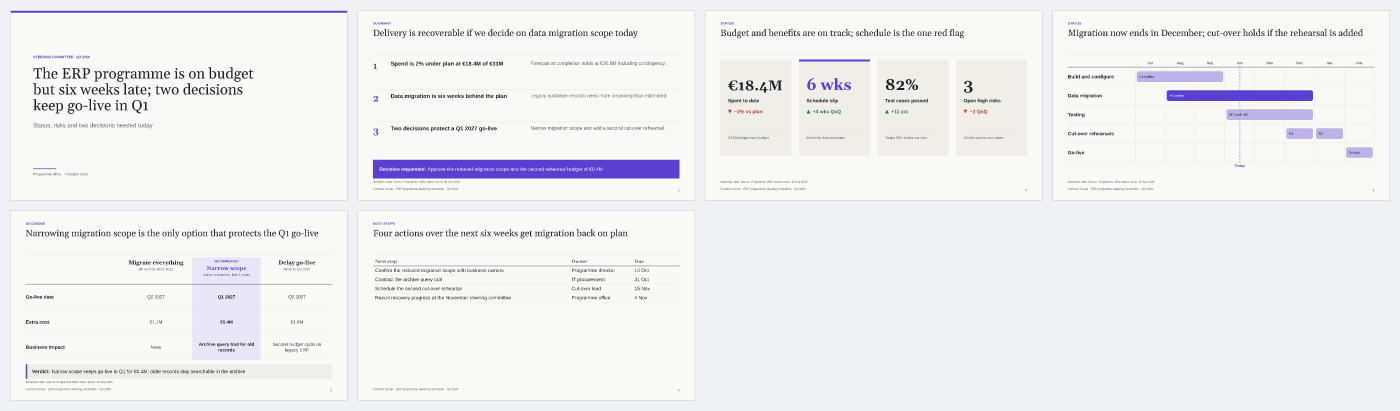 Executive update deck in the Executive theme: status tiles, gantt against plan, options and next steps