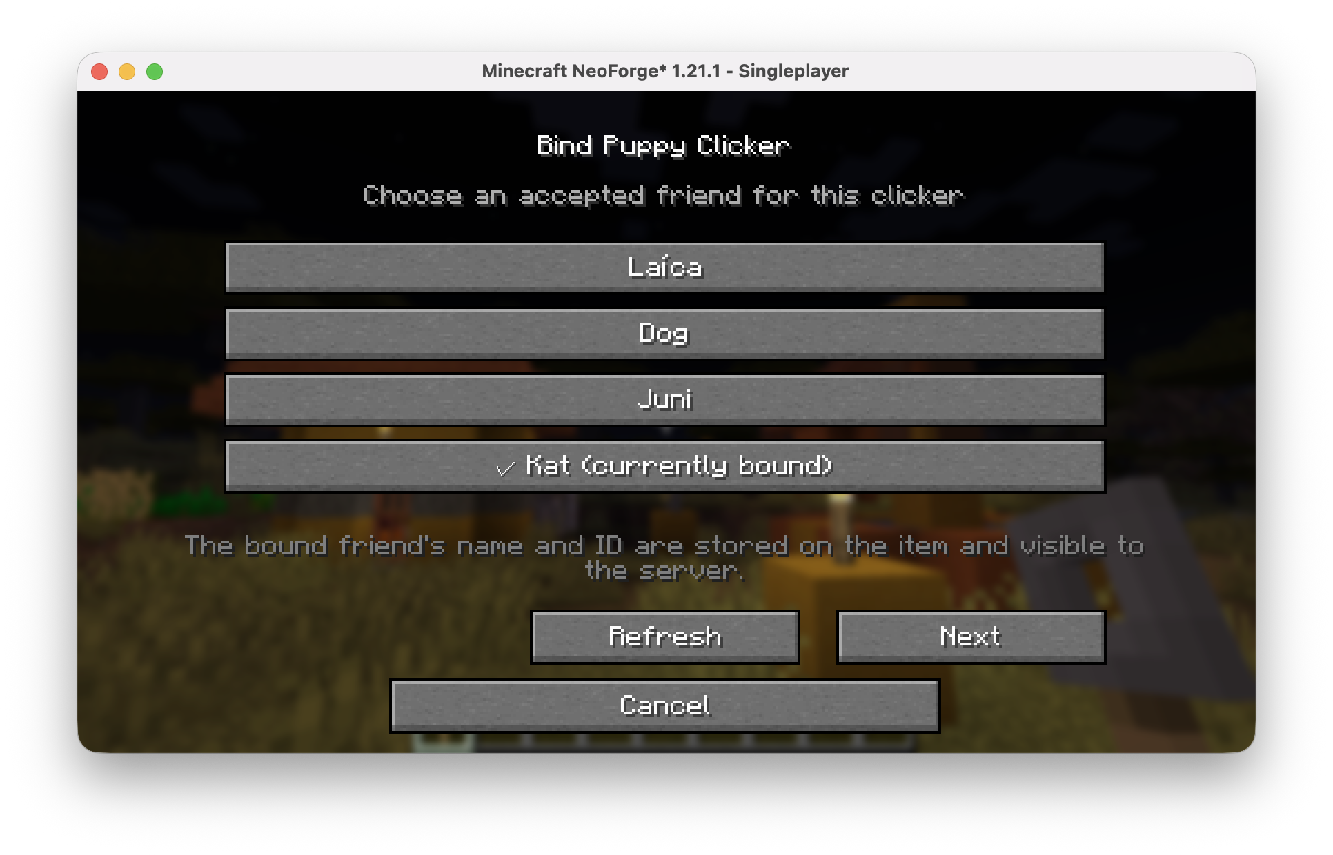 Friend picker listing accepted PuppyClicker friends and identifying the friend currently bound to the item