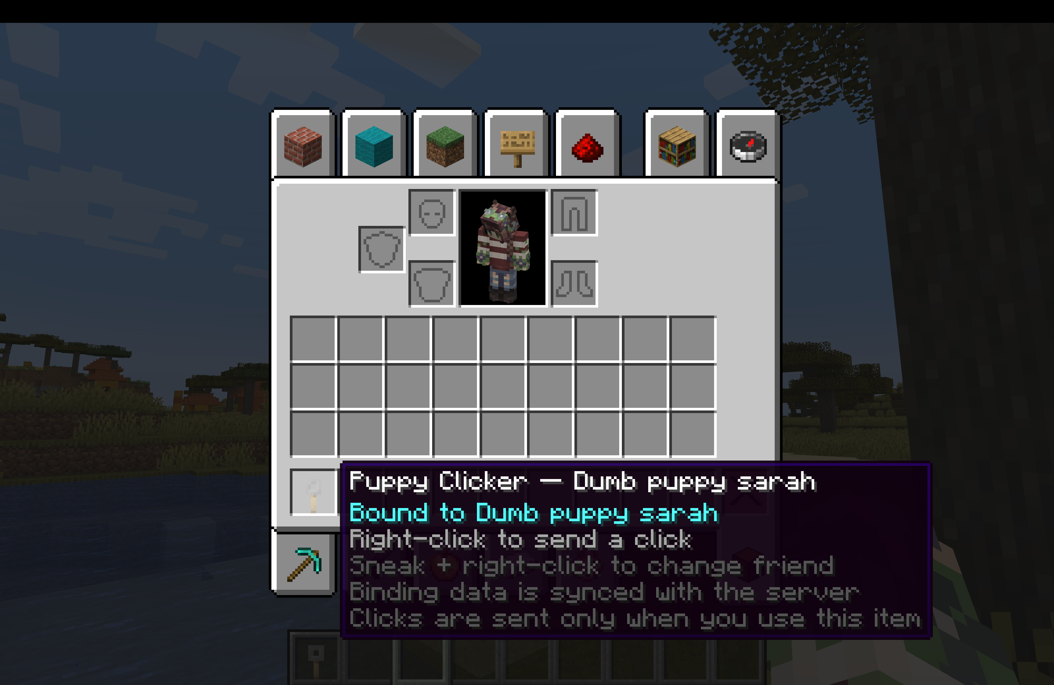 Minecraft inventory tooltip for a friend-bound Puppy Clicker showing its binding and informed-consent information