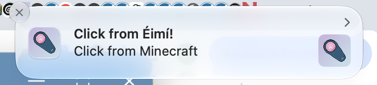 PuppyClicker notification confirming that a click was received from Minecraft