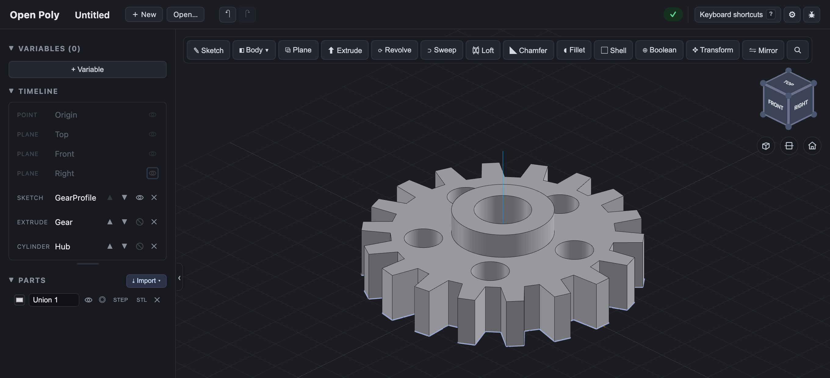 The Open Poly app: a gear with five lightening holes and a central bore, built from a sketch, an extrude, a cylinder and a boolean union — each step listed in the feature timeline on the left.