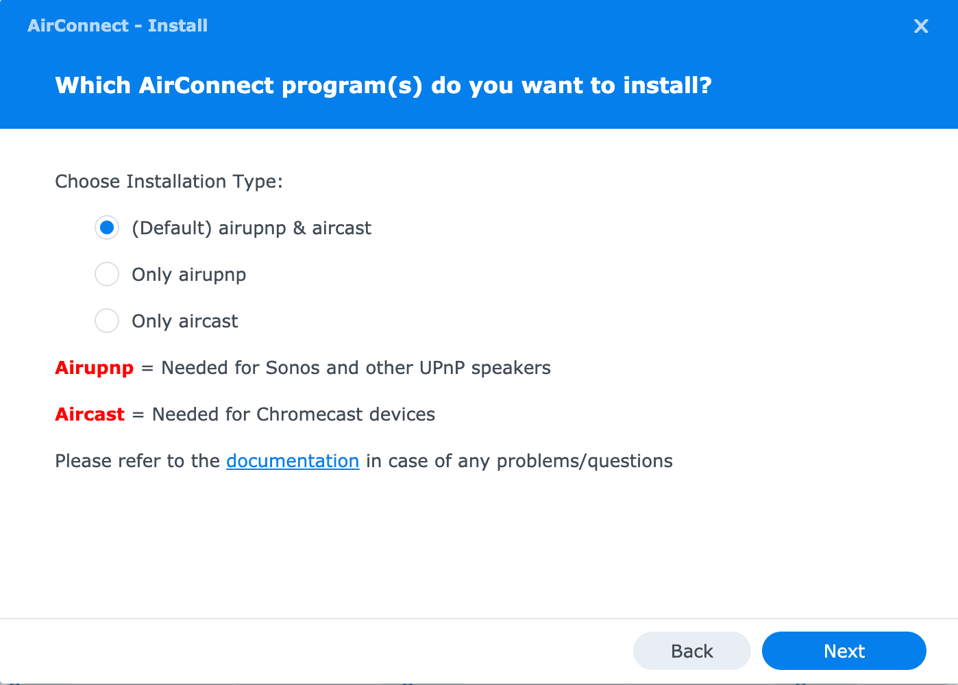 AirConnect installation - selection step