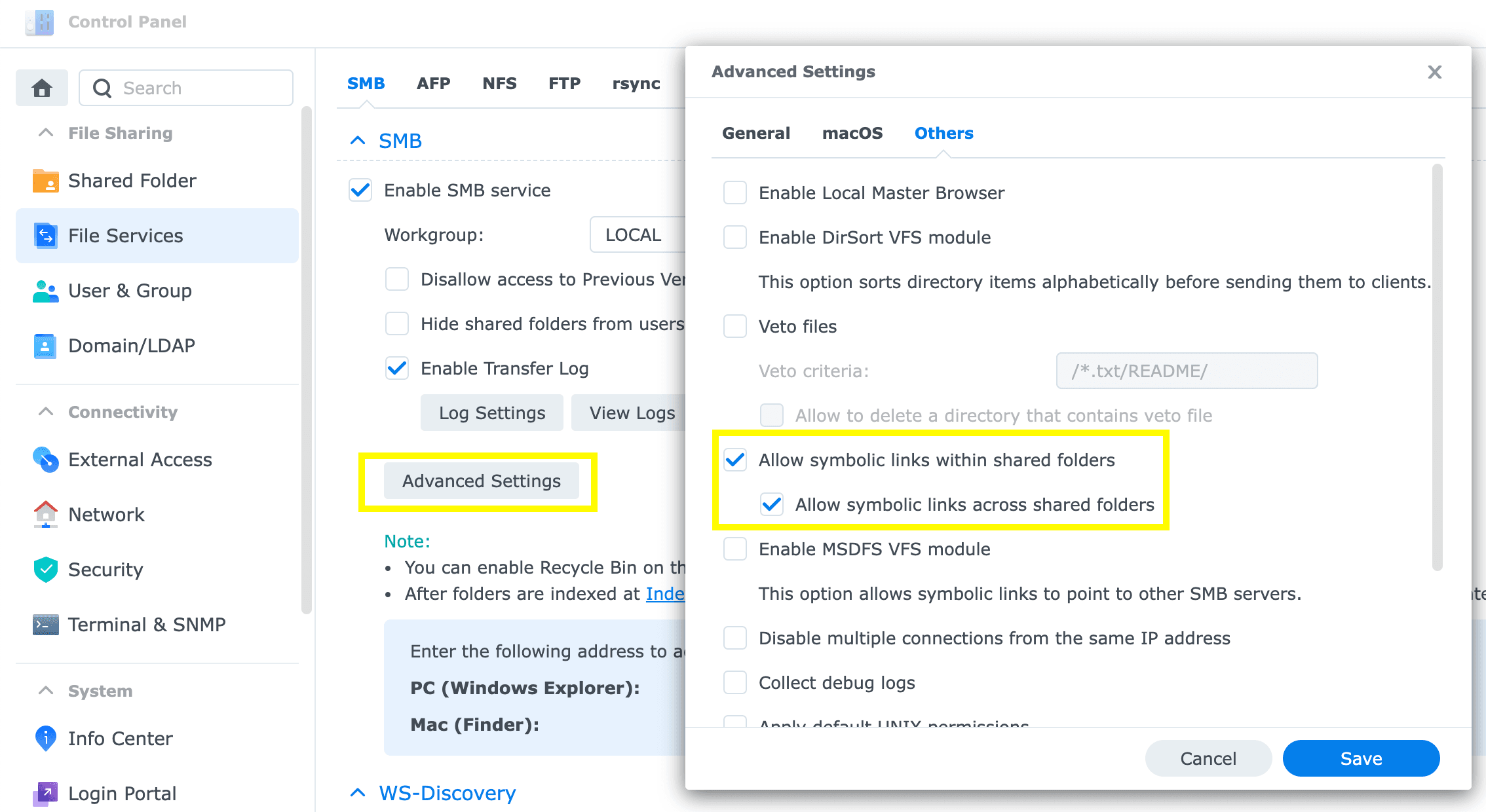 Enable symlinks in SMB Advanced Settings