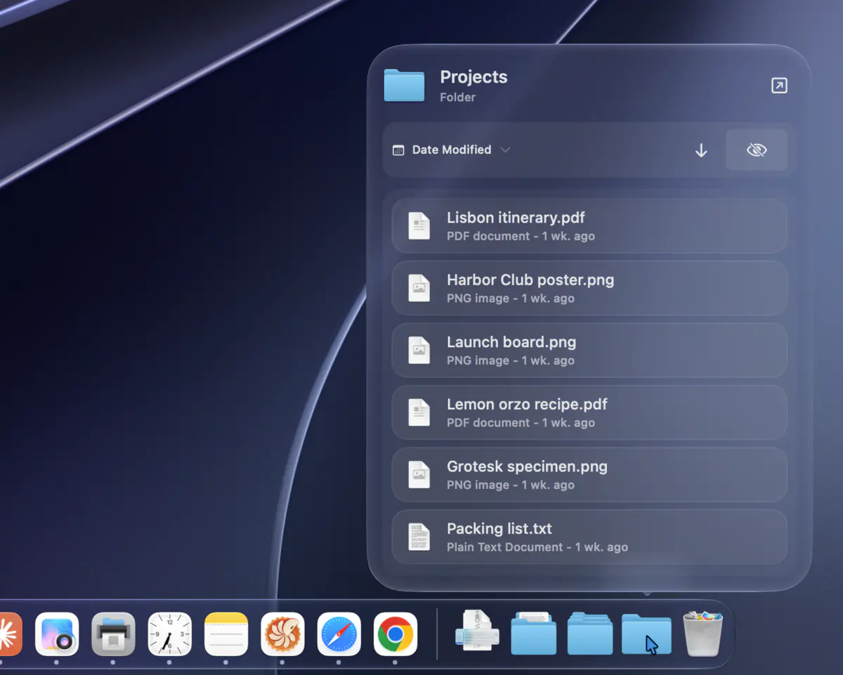 A Dock folder opened as a sortable list of files