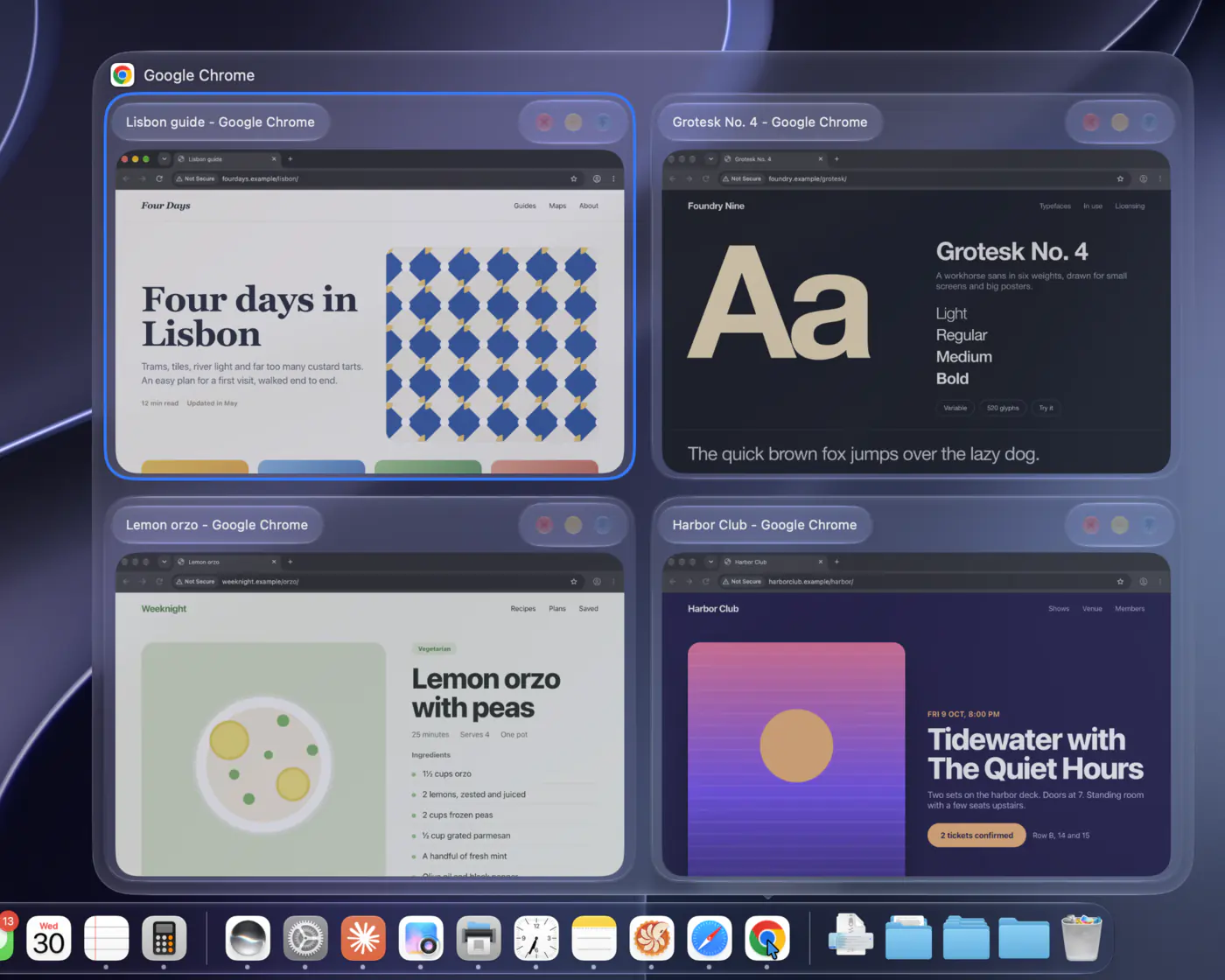 Four large window previews in a two by two grid