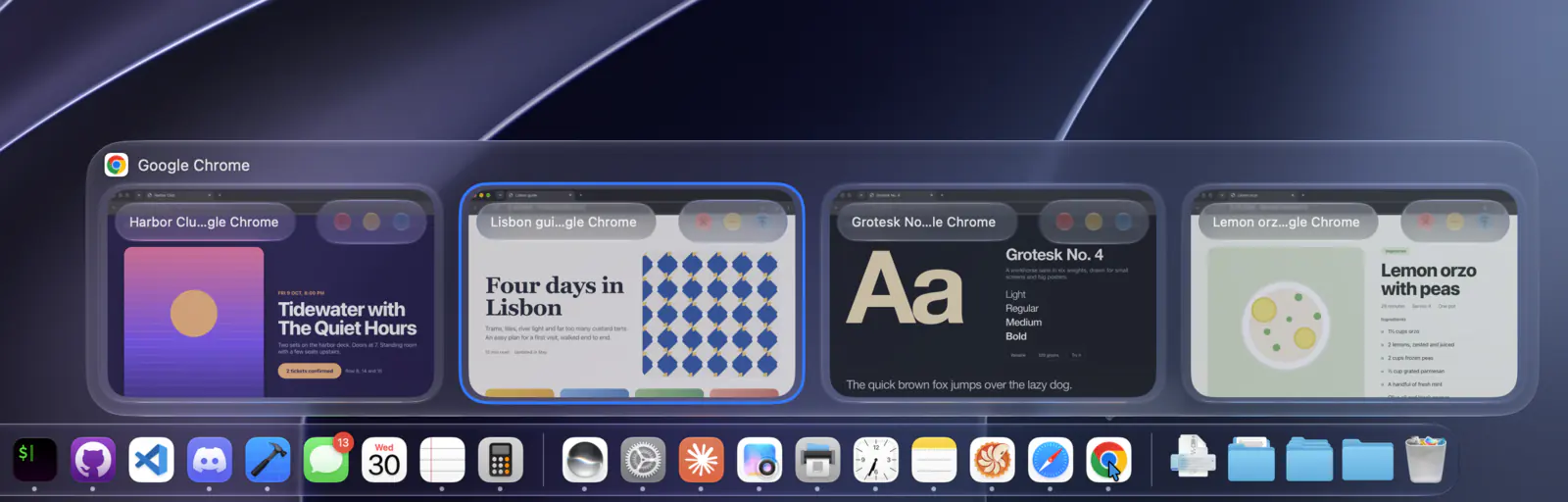 Dock preview with controls floating on each window